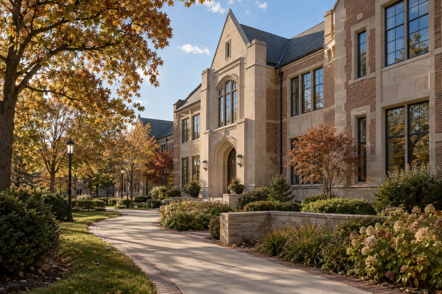 Illustrative autumn courtyard at a fictional educational campus